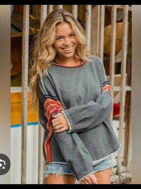 NATURAL LIFE Grey Top with Red and Navy Crochet Trim S/M